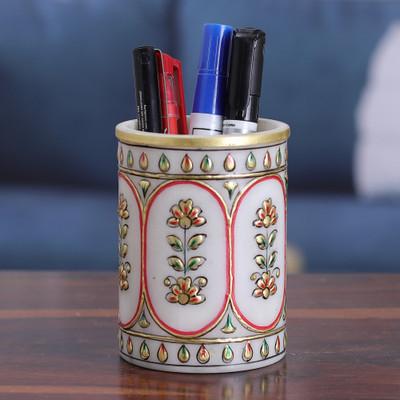 Palatial Windows,'Traditional Floral Golden and Red Marble Pen Holder'