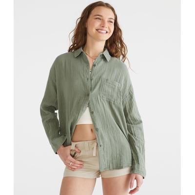 Aeropostale Womens' Long Sleeve Gauze Oversized Shirt - Green - Size L - Cotton