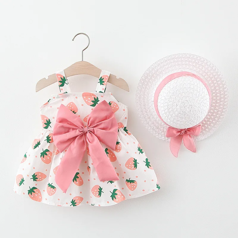 Kleid und Hut zweiteiliges Set für Sommer mädchen frisch und frisch voller Erdbeer-Print große Schleife und Hosenträger Kleid Image