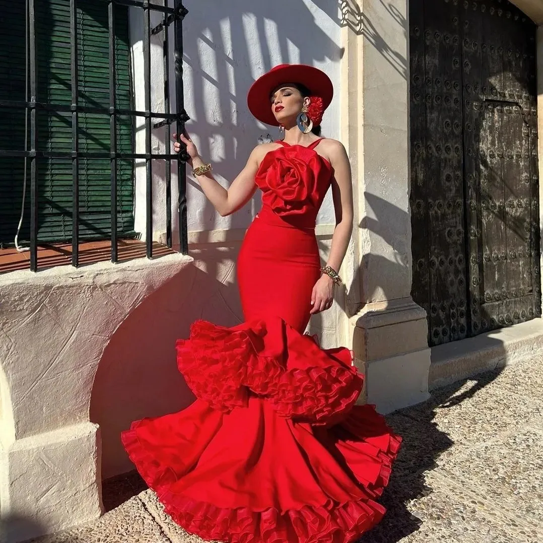 Elegante Meerjungfrau Ballkleid Rose rot Rüschen Kleid lange spanische Frauen Abend Festzug Kleider Tüll Satin wunderschöne Maxi kleider