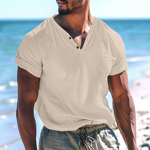 Herren Henley Shirt Kurzarm-Shirt T-Shirt Feste Farbe Henley Outdoor Strasse Taste Bekleidung Täglich Hawaiianisch Image