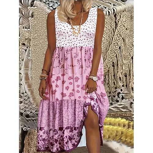 Damen-Midikleid mit Grafikdruck und Rundhalsausschnitt, Bohème, lässig, für Zuhause und Date, ärmellos, Sommer Image
