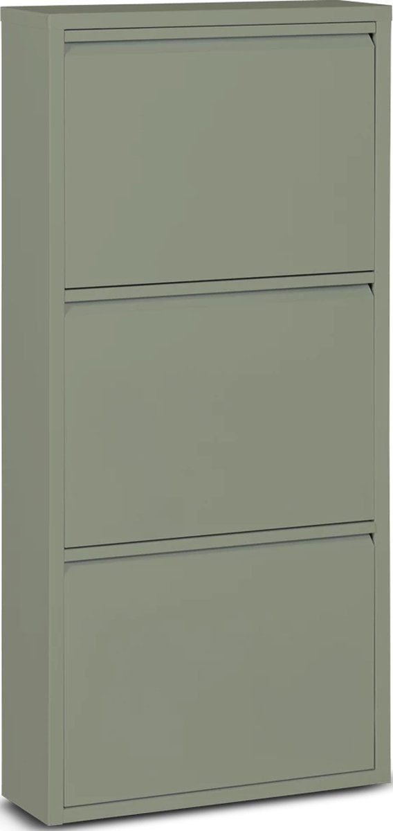 NATURN LIVING Schuhschrank 3 Türen – 50 x 15 x 103,5 cm – Schuhregal – Schuhaufbewahrungssystem – Metall – Schuhaufbewahrungsbox – Olivgrün Image