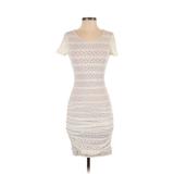 BCBGMAXAZRIA Casual Dress - Bodycon Crew Neck Short Sleeve: White Marled Dresses - Women's Size X-Small