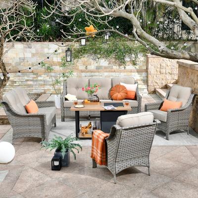 OVIOS 5-piece Patio Wicker Conversation Set With Fire Table