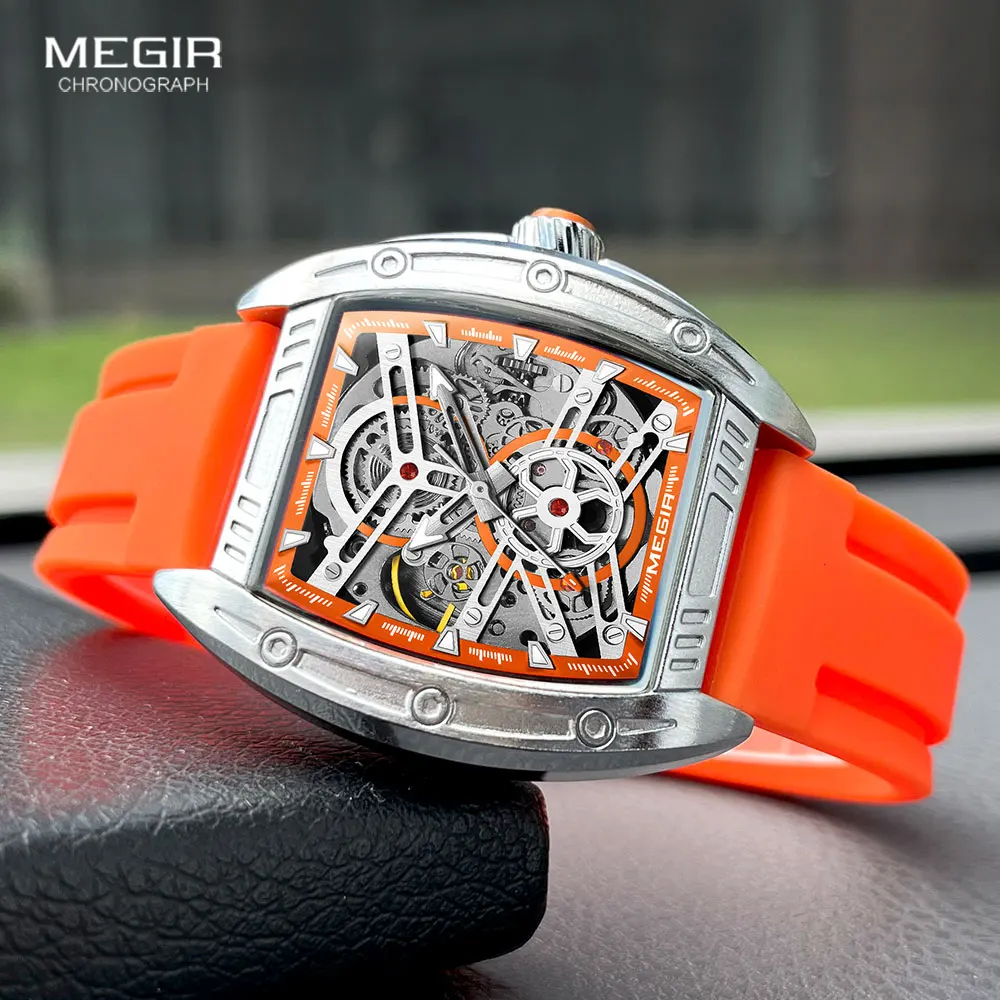MEGIR Modische Orange Mechanische Uhr für Herren Luxuriöse Sportliche Wasserdichte Analoge Automatik-Armbanduhr mit Silikonarmband Tonneau-Zifferblatt Image