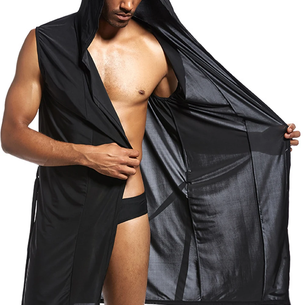 Herren haus Bademantel ärmellose Seide glatt Jugend Kapuze Bademantel Pyjama bequeme ultra dünne Bademantel Dessous lose Unterwäsche Image