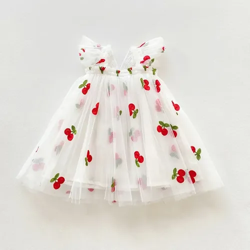 Süßes Baby Mädchen Kleid Kirsche Stickerei Sommer Prinzessin Kleid Kleinkind Kinder Geburtstags