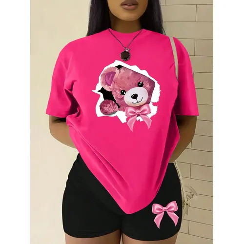 Rosa Bogen gebrochene Muschel Teddybär T-Shirt Set Frauen Mode Baumwolle 2 Stück Set coole Sommer