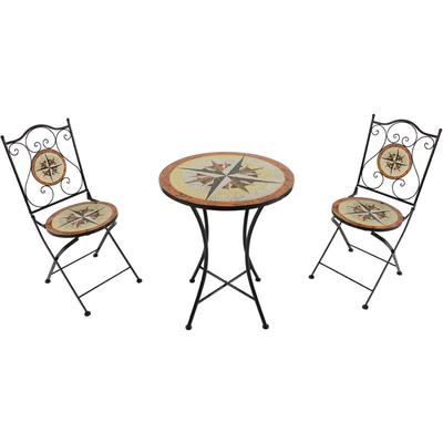 Amélie Bistroset 3-teilig mit Mosaik Design Windrose Mehrfarbig Bistrotisch mit 2 Stühlen Bistro
