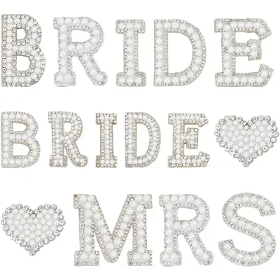 1box Pearl Bride Patch Iron/Sew on Letter & Heart Applique Patch Bling Rhinestone English Letter