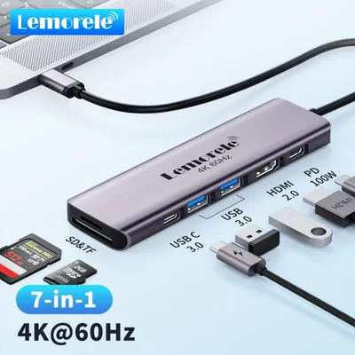 Lemorele TC45 7Port USB to HDMI 4K 60Hz Docking Station USB C HUB Type-C USB Adapter PD100W SD TF