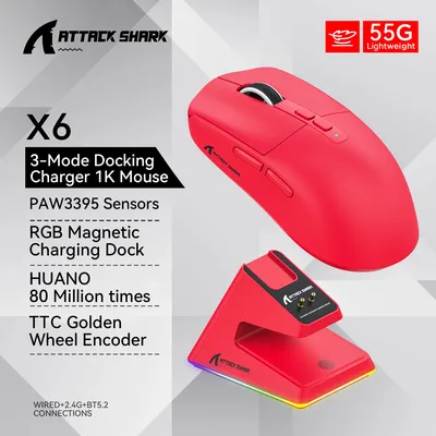 Attack Shark X6 PAW3395 Bluetooth Mouse,Tri-Mode Connection,RGB Touch Magnetic Charging Base,Macro