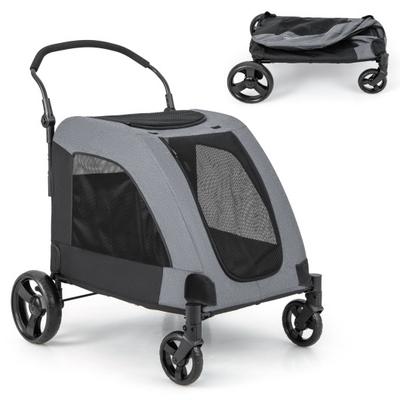 Costway 4 Wheels Extra Large Dog Stroller Foldable Pet Stroller with Dual Entry-Gray