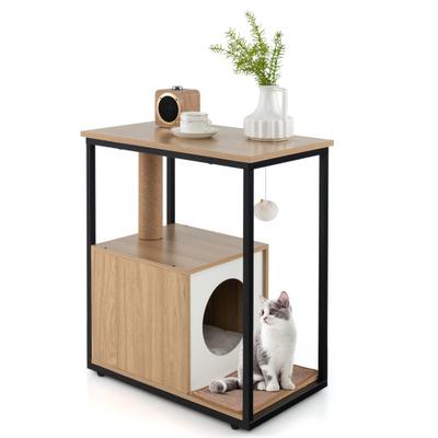 Costway Cat Furniture End Table Cat House with Scratching Post-Natural