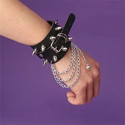 80s Gothic Punk PU Leather Studded Spikes Rivet Bell Wide Cuff Bracelet Bangle Chains Buckle