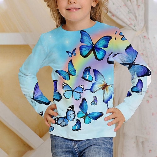 Mädchen 3D Schmetterling T-Shirt Langarm 3D-Druck Herbst Aktiv kinderkleidung 4-12 Jahre Regular Fit Image