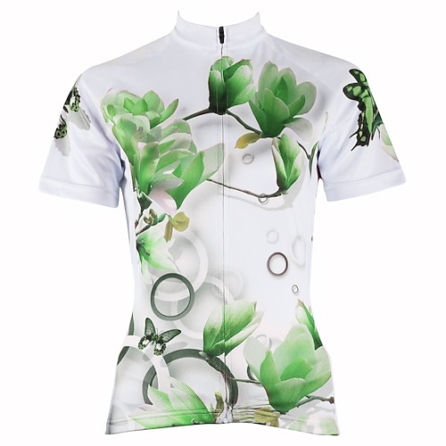 Damen Radtrikot Gemustert Blumenmuster Blume Kurzarm Fahhrad Trikot Oberteil mit 3 Gesäßtaschen Mountainbike MTB Straßenradsport Schnelltrocknend UV-beständig Rückentasche Schweißableitend Sport Wei Image
