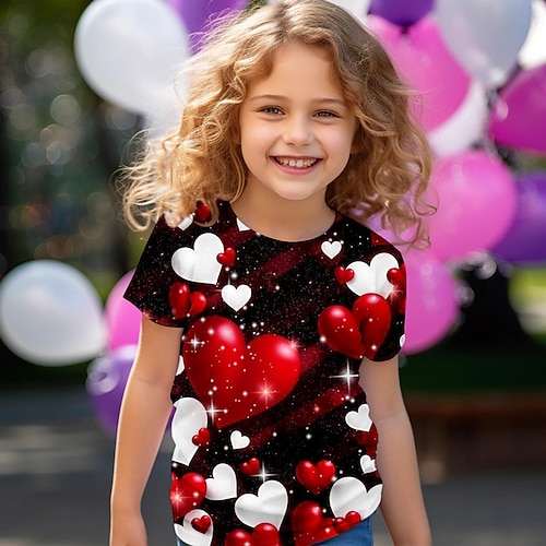 Valentinstag Mädchen 3D Herz T-Shirt Hemd Rosa Kurzarm 3D-Druck Sommer Aktiv Modisch Kuschelig Polyester kinderkleidung 3-12 Jahre Rundhalsausschnitt Outdoor Casual Täglich Regular Fit Image