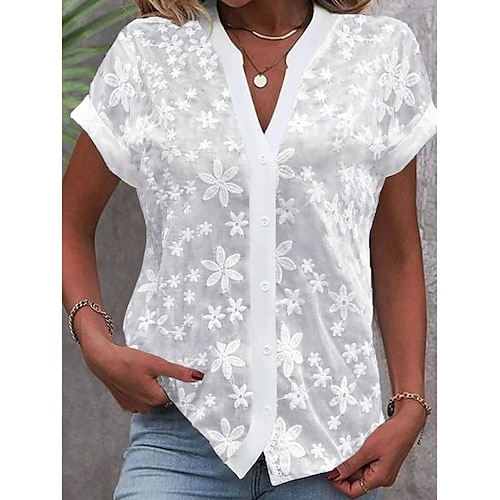 Camicia Camicia di Pizzo Blusa Top Eleganti Per donna Bianco Semplice Pizzo Bottoni Streetwear Quotidiano Essenziale Moderno Scollo a V Vestibilità regolare S