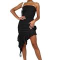 Gyios dress Women Strapless Ruffle Tube Dress 3d Floral Irregular Hem Split Bodycon High Slit Backless Party Dress-f-black-s