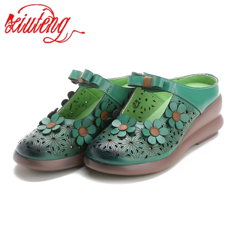 Xiuteng Frühling Handgemachte Kuh Leder frauen Schuhe Keile Ethnische Stil Blume Hohle Weibliche Hausschuhe Sommer Atmungs Sandale