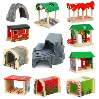 Wooden Train Track Accessories Wood Railway Track Train Station Bridge Tunnel Compatible All Brands