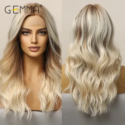 GEMMA Long Wavy Omber Brown Blonde Lace Front Wigs for Women Middle Part Lace Synthetic Wig Heat
