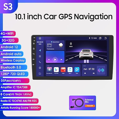 Android 12 2 DIN für Universal-Autoradio Multimedia-Player GPS-Navigation Auto-Audio-Stereo-Kopfeinheit 10,1-Zoll-Lautsprecher WLAN