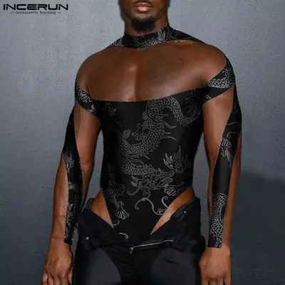 INCERUN Männer Bodys Mesh Druck Patchwork Transparent Sexy Rollkragen Langarm Strampler Streetwear 2024 Mode Männlichen Body Image