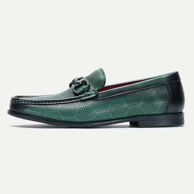 Men's Loafers Perforated Green Leather Silver Horsebit