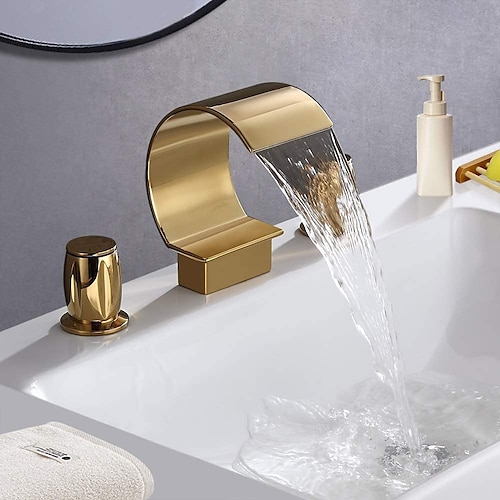 Waschbecken Wasserhahn, eleganter Doppelgriff Bogen Wasserfall Auslauf Badewannenfüller Wasserhahn mit drei Löchern weit verbreiteter Badezimmer Wasserhahn Gold / Mattschwarz Image