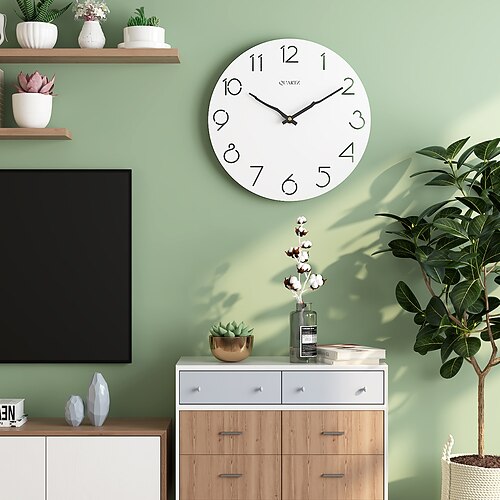 Moderne Wanduhr, kreative dekorative Wanduhr im nordischen Holzstil, arabische Ziffern, Wanduhr, moderne weiße Holzwanduhr, einfache runde Wanduhr, 30 cm Image