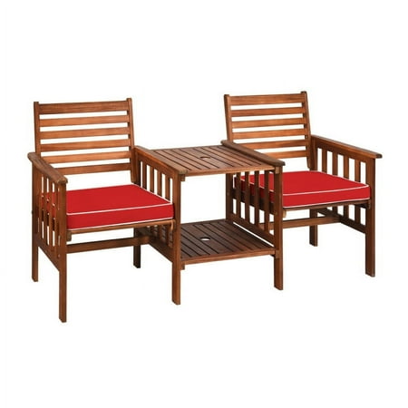 YYAo Outdoor Bistro Set Outdoor Conversation Sets 3 pcs Outdoor Patio Table Chairs Set Acacia Wood Loveseat-Red