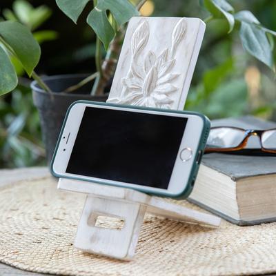 'Hand-Carved Lotus-Inspired White Jempinis Wood Phone Stand'