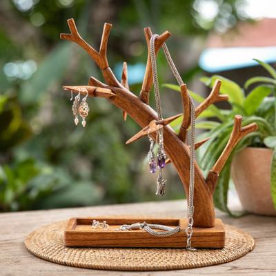 'Tree-Shaped Natural Brown Jempinis Wood Jewelry Stand'