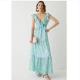 J. Crew Dresses | J. Crew Collection Ruffle-Trim V-Neck Cutout Maxi Dress In Lime Floral Size 0 | Color: Blue/Green | Size: 0