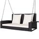RELAX4LIFE Outdoor 2-Seater Swing Set, Rattan Swing Bench and Metal Frame with Cushions, Hanging Loveseat and A-Shaped Swing Stand for Patio Garden(Swing Chair with White Cushions)