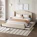 Queen Size Linen Fabric Upholstered Platform Bed with Wingback Headboard, 1 Twin Size Trundle Bed Frame and 2 Drawers