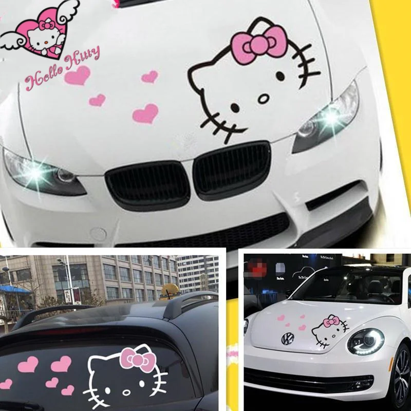 40CM Hallo Kitty Cartoon Haube Auto Aufkleber Kawaii Mädchen Persönlichkeit Autos Körper Dekor Hellokt Wasserdicht Abreißen Applikation Spielzeug geschenk Image