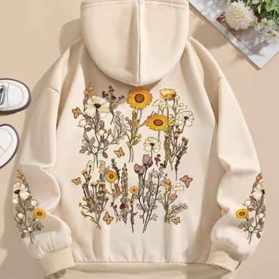 TEMU Women's Floral Print Hoodie - Casual Polyester Sweatshirt With Drawstring And Ribbed Cuffs, Machine Washable, , Sweater Hoodie Image