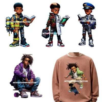 Young Career Skateboarder African American Boys Decals DTF Back To School Boy Kid Engineer Doctor