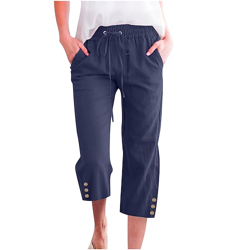 Damen Hose aus Baumwollleinen Hosen Hose Alltagstauglich Wadenlang Einfach Kordelzug Seitentaschen Atmungsaktivität Bequem Unelastisch Wochenende Wein Marineblau Braun Khaki Frühling Sommer Normale Image