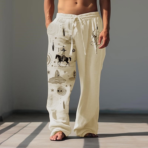 Herren Cowboy Leinenhosen Hosen Hose Baggy-Hosen Mittlere Taille Vintage Outdoor Alltagskleidung Streetwear Herbst Winter Schwarz Weiß Grün Image