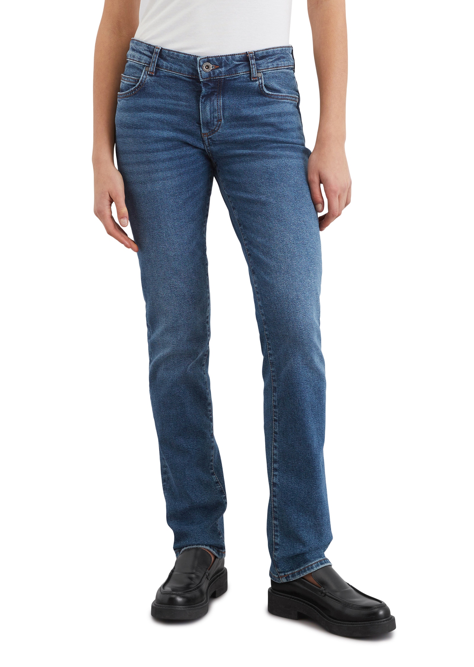 Regular-fit-Jeans MARC O'POLO "aus Bio-Baumwolle-Mix", Damen, Gr. 26, Länge 32, blau (salt and pepper mid blau wash), Obermaterial: 90% Baumwolle, 9% Polyester, 1% Elasthan, unifarben, regular fit normal, Jeans