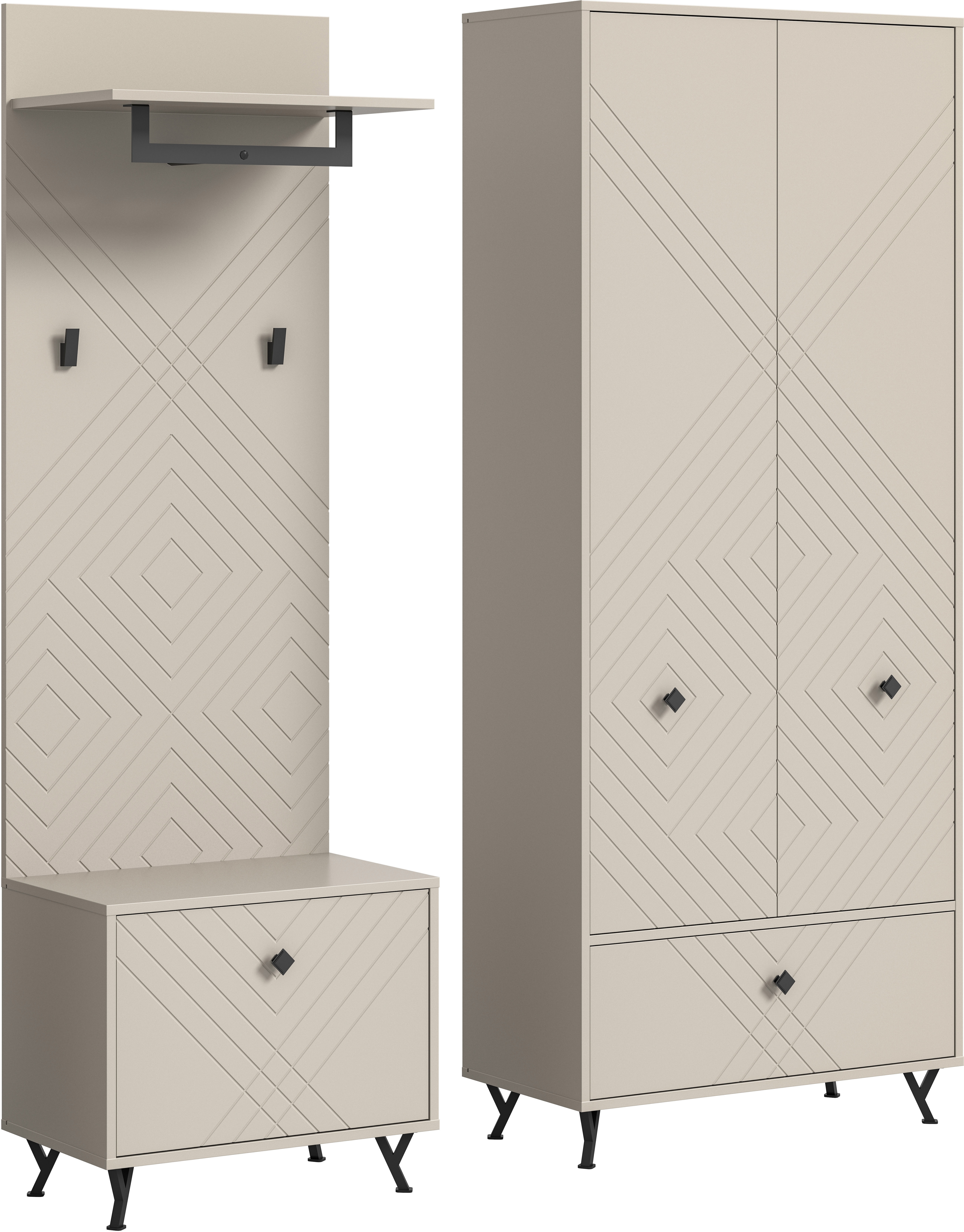Garderoben-Set INOSIGN "Mento, 3-teilig, Ornamentfräsung in der Front, bestehend aus:", beige (sandbeige), B:195cm H:190cm T:35cm, FSC-zertifizierter Holzwerkstoff, MDF, Kastenmöbel-Sets, Sitzbank, Garderobenpaneel & Garderobenschrank, Metall Griffe...