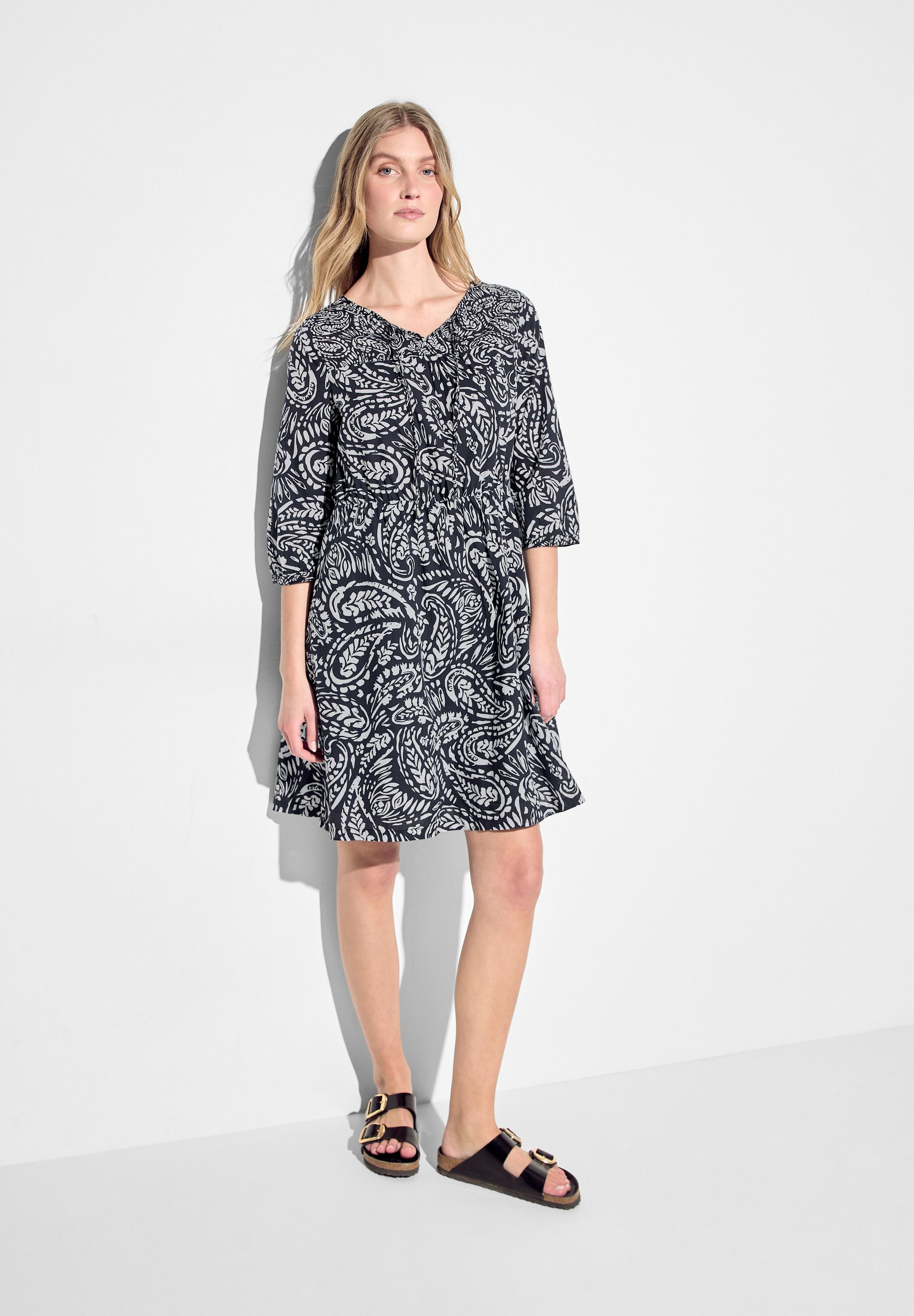 Blusenkleid CECIL, Damen, Gr. XL (44), US-Größen, schwarz, Web, 100% Baumwolle, Paisley, gerade knielang, Rundhals, Bündchen, Kleider Blusenkleid, aus 100% Baumwolle