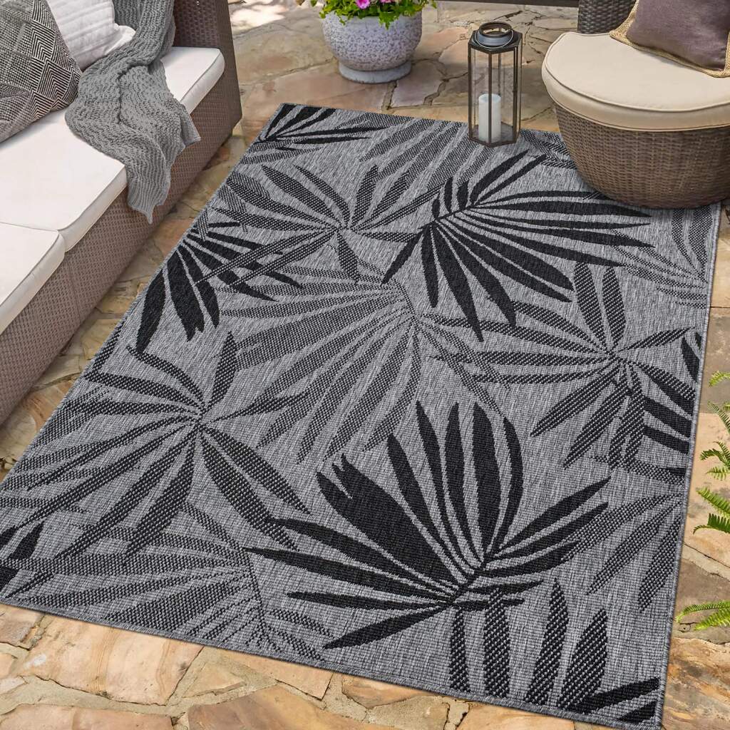 Outdoorteppich CARPET CITY "DUO RUG 5771", grau (anthrazit), B:120cm H:5mm L:170cm, Obermaterial: 100% Polypropylen, Teppiche, Wendeteppich Wetterfest In- & Outdoor, Balkon, Terrasse, Wohnzimmer Image