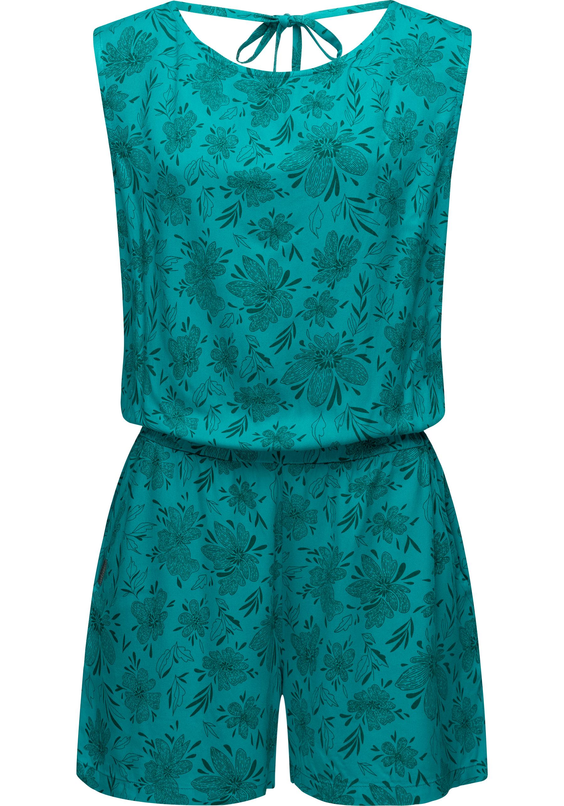 Jumpsuit RAGWEAR "Zella", Damen, Gr. XL (42), Normalgrößen, blau (dunkelpetrol), 100% Viskose, figurumspielend ca. Mitte Oberschenkel, Rundhals, Ärmel ohne Ärmelschlitz, Overalls Jumpsuit, schicker, kurzer Damen Overall mit floralem Print