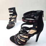 Jessica Simpson Shoes | Jessica Simpson Gladiator Stiletto Heeled Sandals Sz 7 Aztec Beaded Strappy Heel | Color: Black | Size: 7